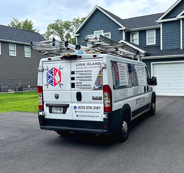 Long Island Heating and Cooling INC service vehicle providing expert heating and air conditioning services to the Long Island community.