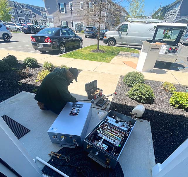An expert technician from Long Island Heating and Cooling INC performing a precision repair on a wall-mounted tankless water heater in a Long Island, NY community.